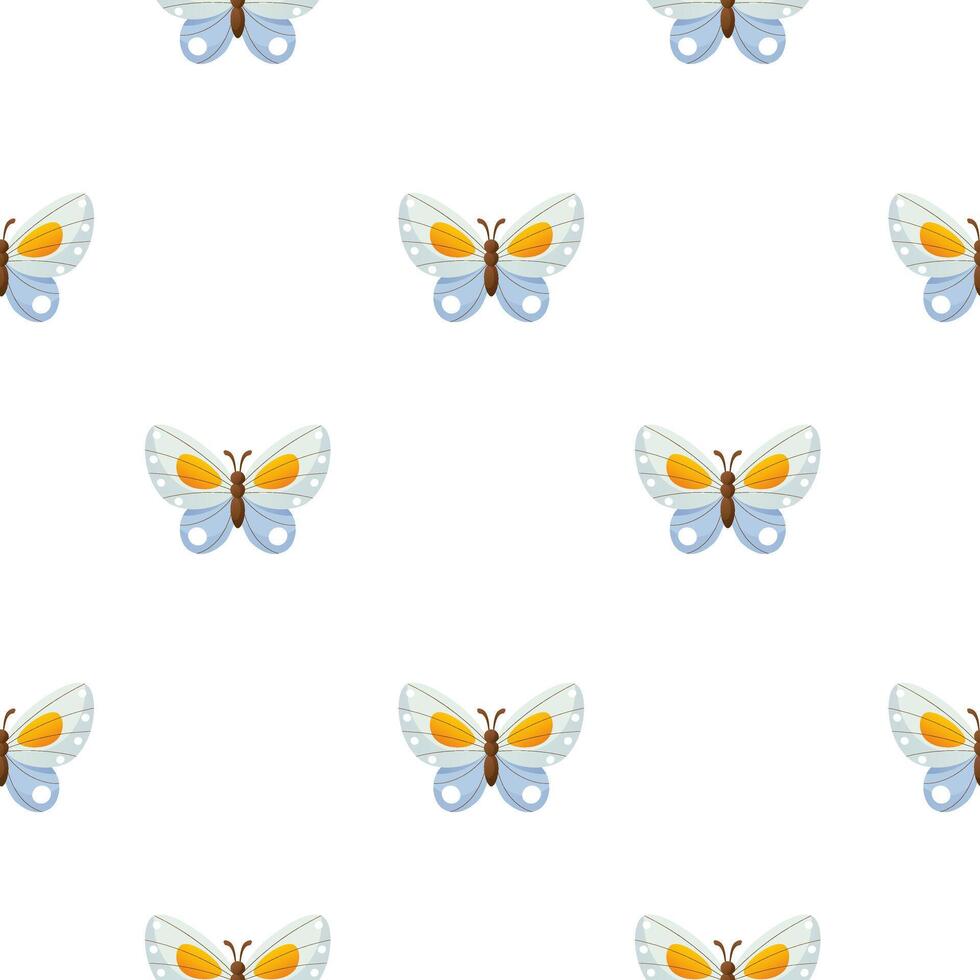 Seamless vector background with a repeating pattern of blue butterflies on a white background. The butterfly is blue with yellow patterns and stripes. Suitable for wrapping paper, wallpaper, textiles.