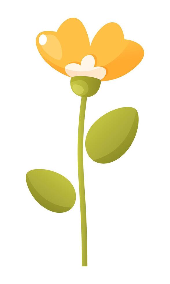One beautiful yellow flower with petals on a stem with green leaves on a white background. Vector botanical illustration. Clip art of flower for design of posters, cards, logo, label, badges.
