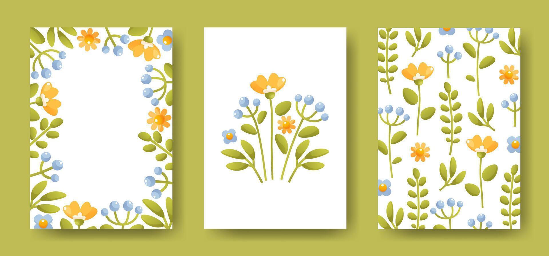 hermosa floral plantillas para pancartas, carteles, tarjetas, invitaciones conjunto de Tres plantillas. floral marco con vacío espacio para texto, floral composición, floral fondo.imprimir diseño, folleto, volantes vector