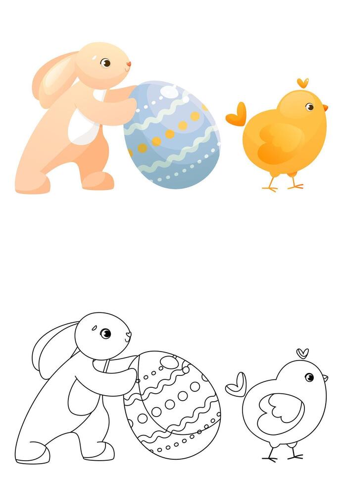 Coloring page, the Easter bunny is pushing an Easter egg and a cute chicken is walking ahead. Children's coloring book with a color example. Coloring book, practice sheet for school or kindergarten. vector