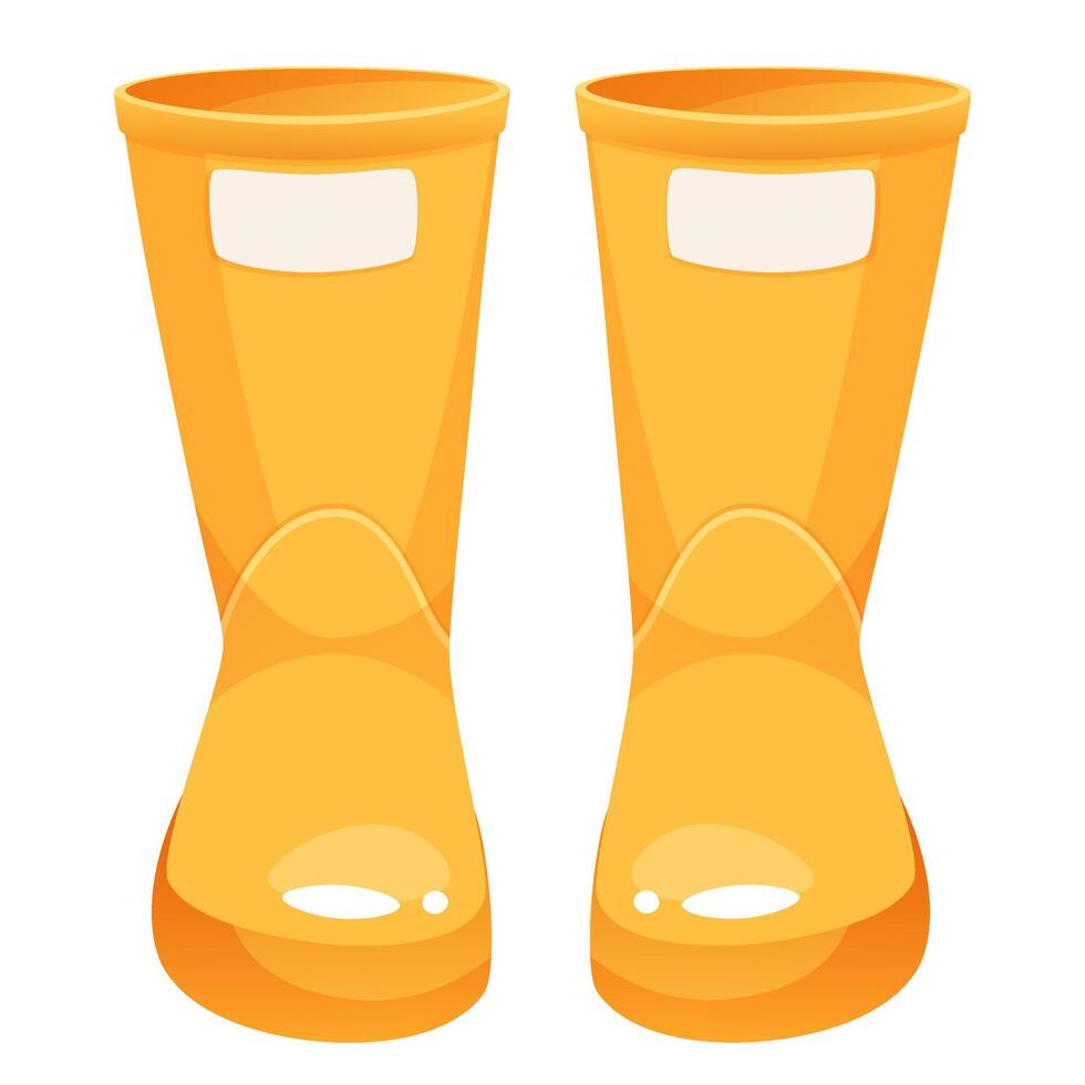 Yellow clean bulky rubber boots front view. Rubber boots for gardening, farming, walking in the rain. Vector illustration of protective shoes from moisture. Clip art for logos, icons, postcard design