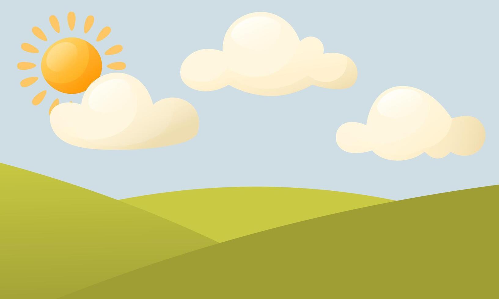 Vector illustration of a beautiful summer landscape. Green field of grass, blue sky with clouds, bright sun. Day, morning. Landscape design for banners, posters, children's books.