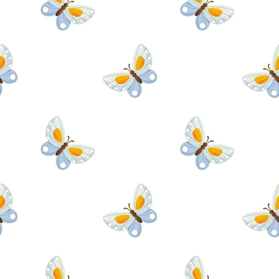 Seamless vector background with a repeating pattern of blue butterflies on a white background. The butterfly is blue with yellow patterns and stripes. Suitable for wrapping paper, wallpaper, textiles.