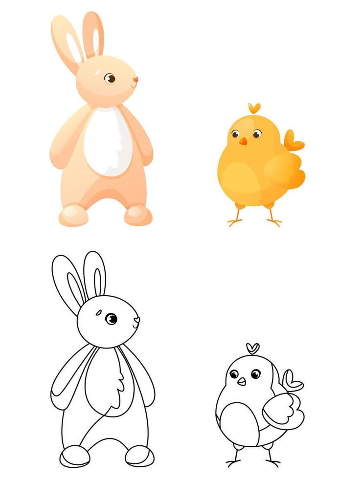 Coloring book, Easter bunny and cute chicken stand next to each other. Children's coloring book with a color example. Coloring book, practice sheet for children in school or kindergarten. vector