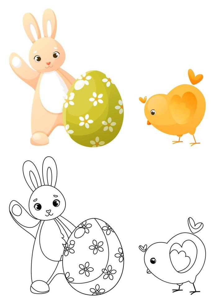 Coloring book, Easter bunny waving for an Easter egg and a cute chicken. Children's coloring book with a color example. Coloring book, practice sheet for children in school or kindergarten. vector