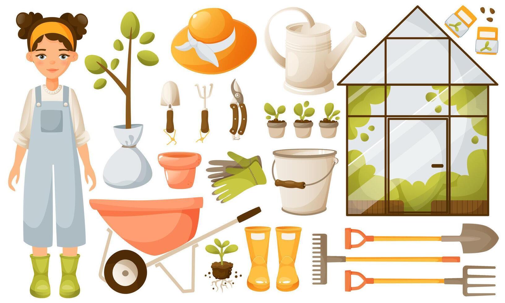 Vector big set of gardening supplies, tools, gardener character, glass greenhouse. Agricultural and gardening tools, clothing for the garden. Girl gardener, seedlings, seedlings, seeds.