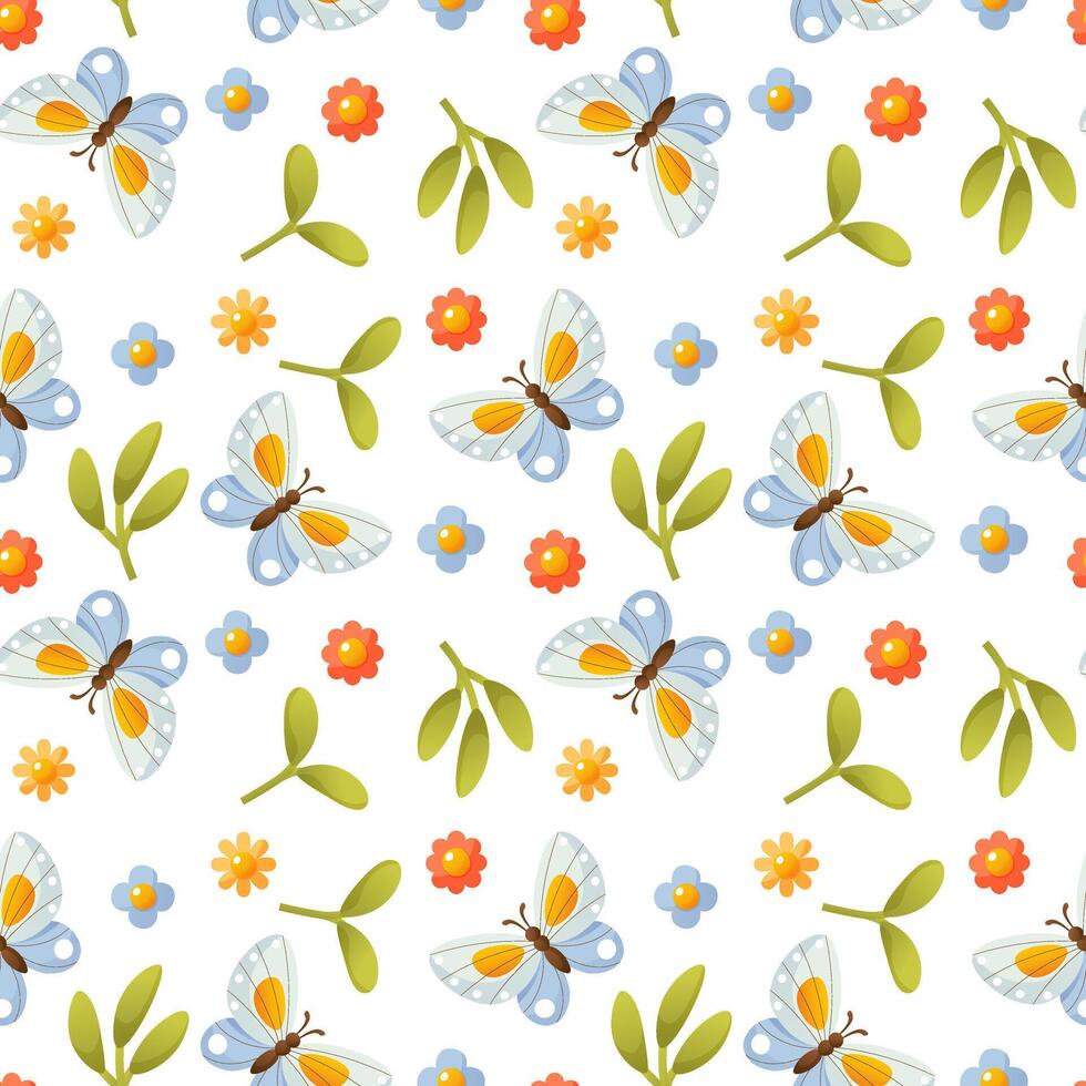 Seamless vector background with a repeating pattern of blue butterflies on a white background, small flowers and green leaves. Blue butterfly. Suitable for wrapping paper, wallpaper, textiles.