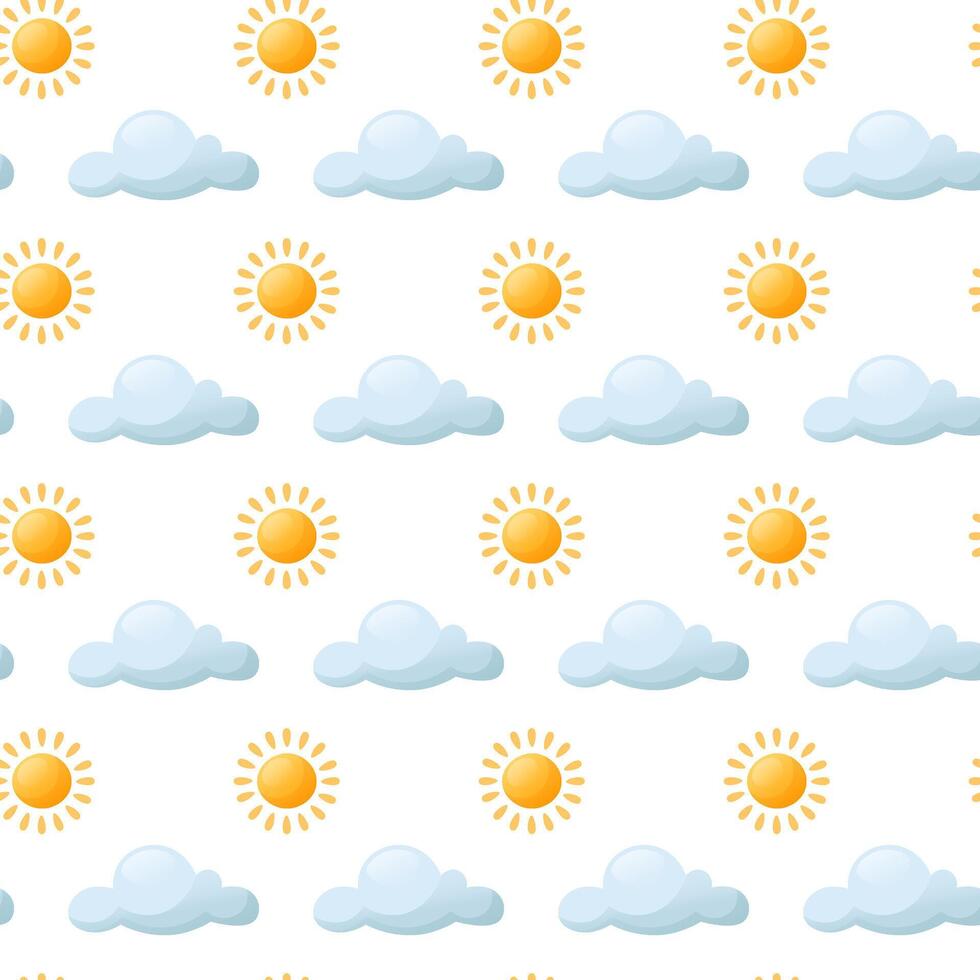 Seamless pattern yellow sun and clouds. Yellow sun with a blue cloud. Vector illustration of a seamless pattern of sunlight behind a cloud, for summer designs, cards, banners, textiles, packaging.