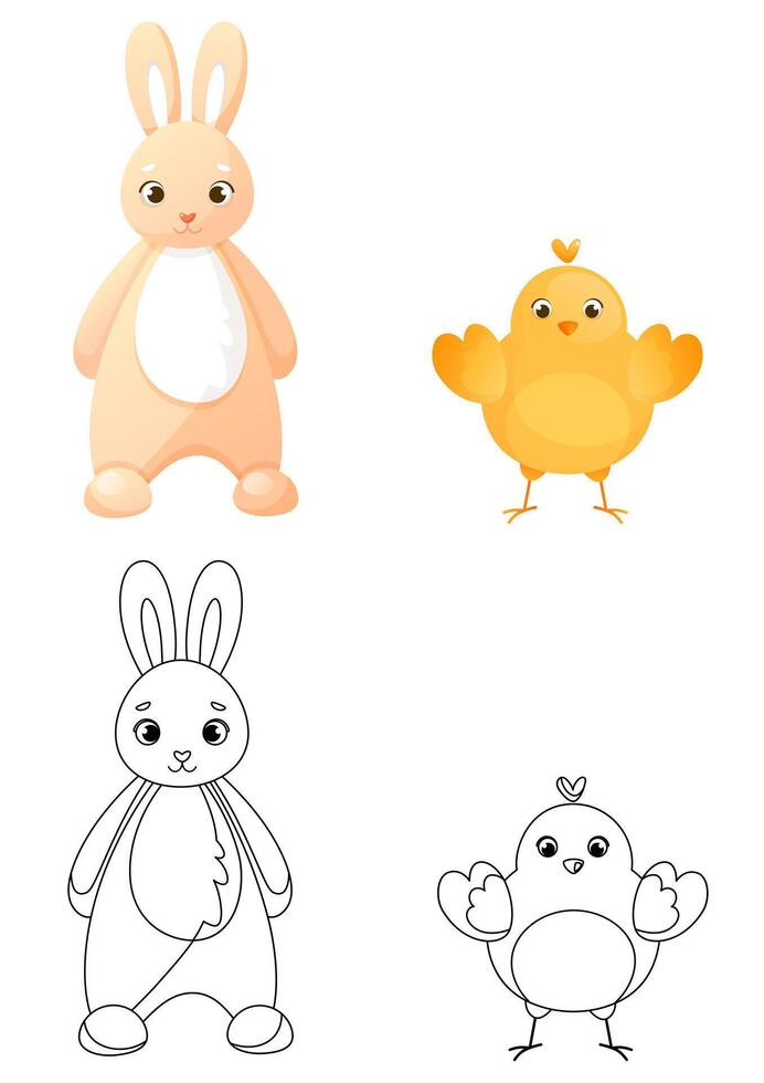 Coloring page with an Easter bunny and a cute chicken standing upright. Children's coloring book with color example. Coloring book, practice sheet for children in school or kindergarten. vector
