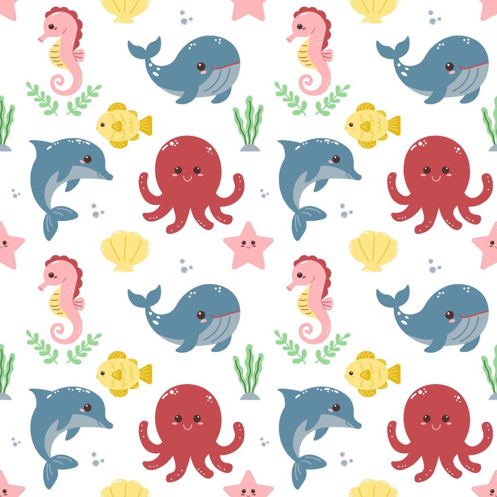 Seamless pattern of sea life. Cute sea animals. Vector flat illustration.