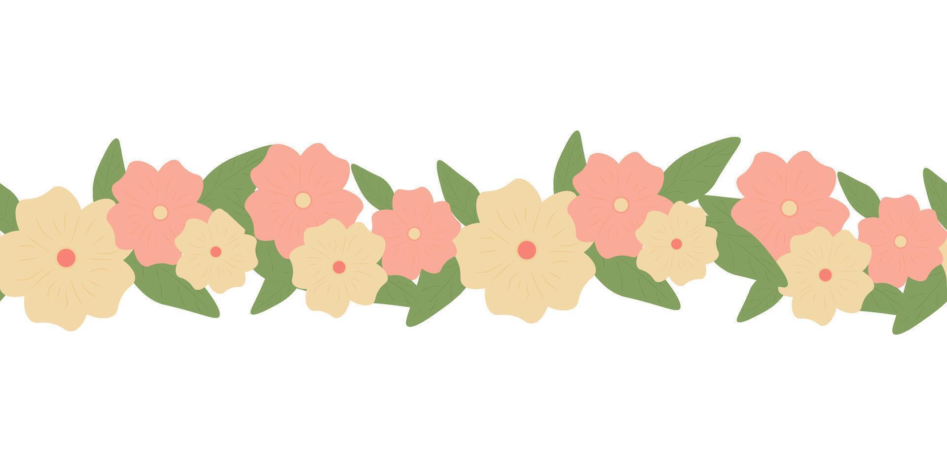 Vector horizontal seamless border with yellow and pink flowers. Spring border