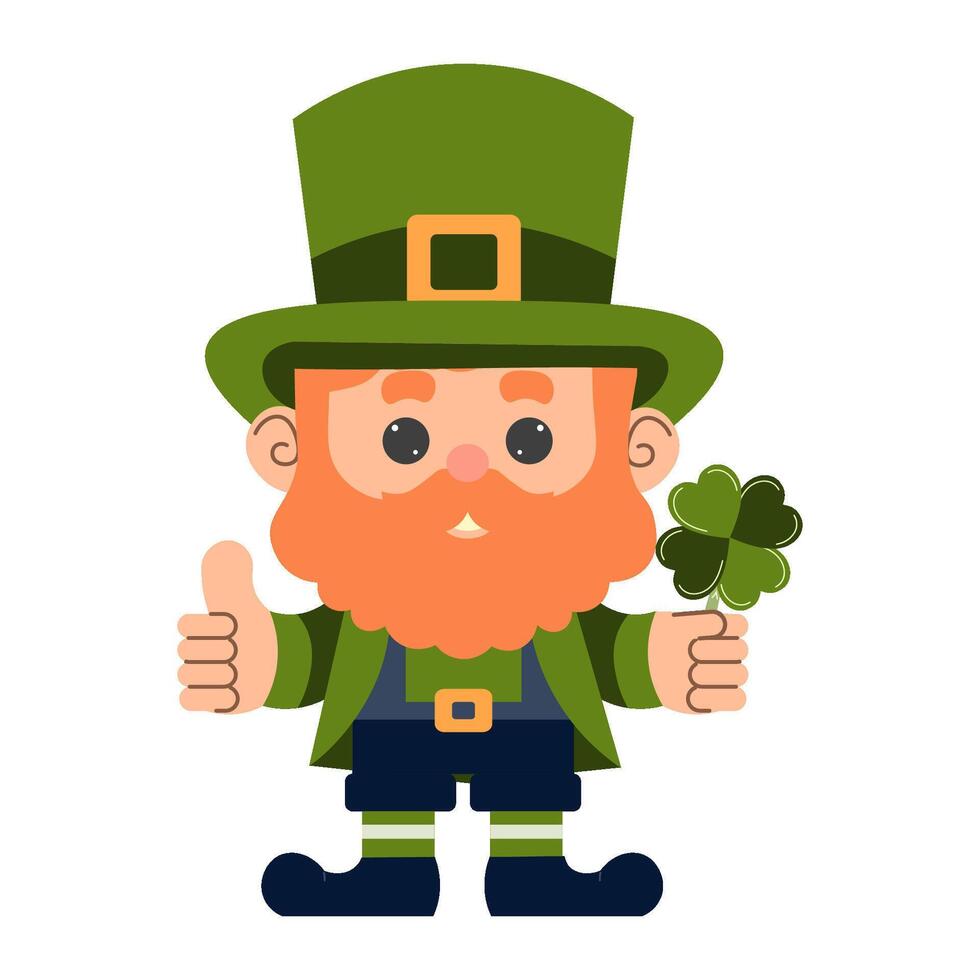 Irish leprechaun with clover for good luck. Cartoon vector illustrations of leprechaun for postcards, banners, invitations. St. Patrick's Day