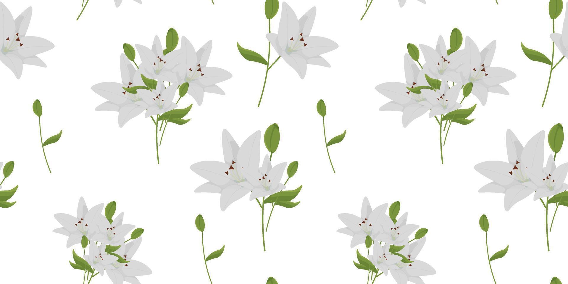 Blossom floral seamless pattern. Lily flowers with leaves. vector