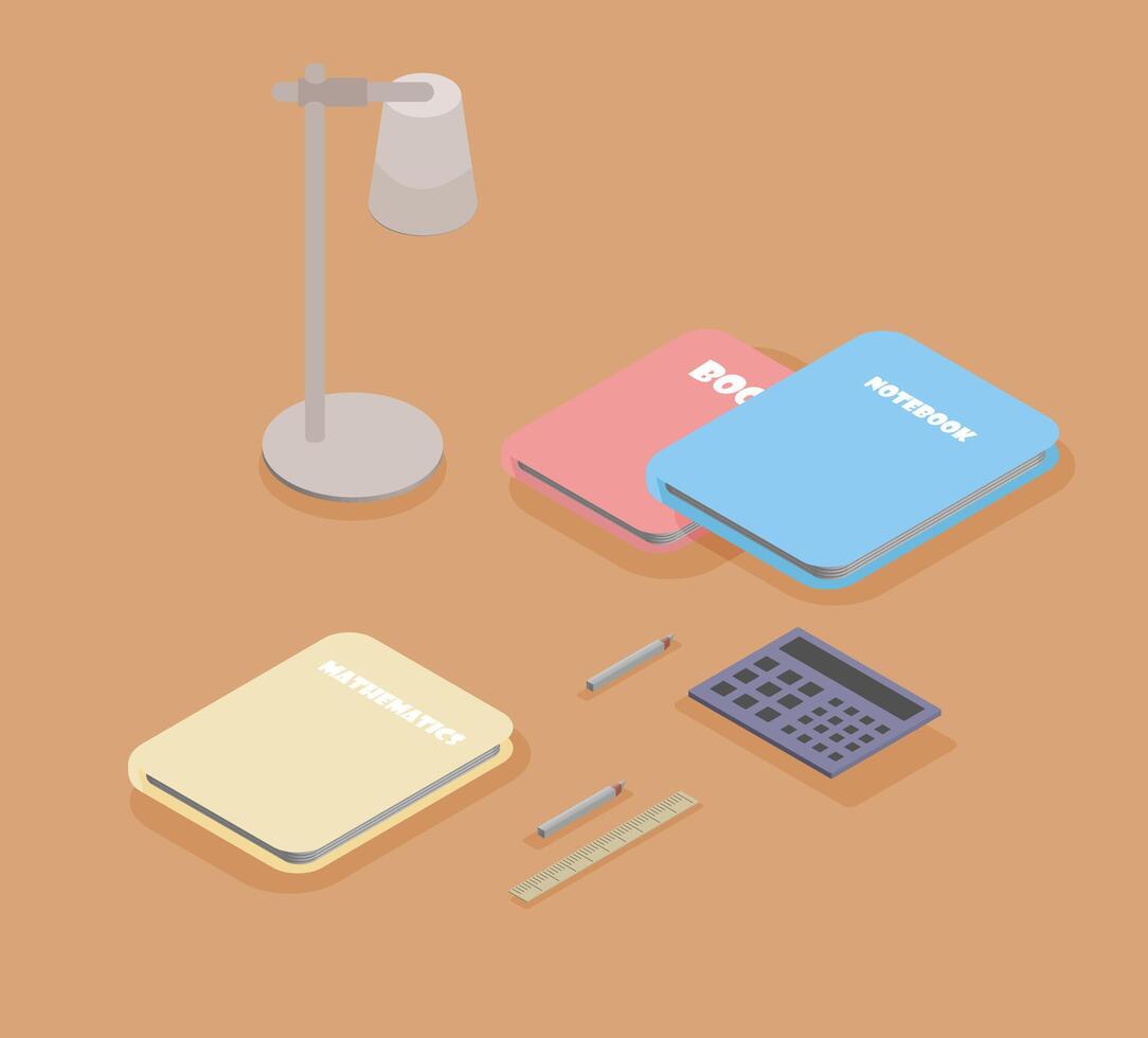 Vector illustrations of isometric stationery. Stationery or school supplies, pen or pencil, ruler, books, notepad, notepad, lamp, calculator. Items on the table.