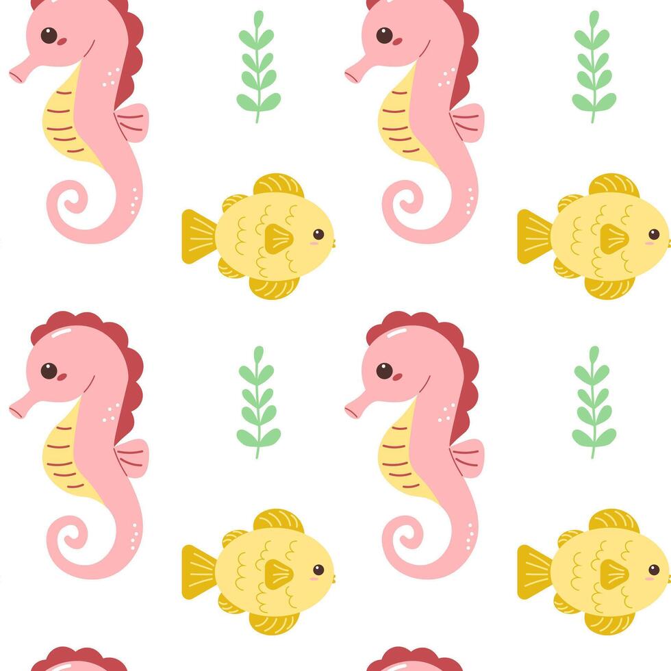 Seamless background with cute seahorses and seaweed. the underwater world. fabric sample, wrapping paper. vector