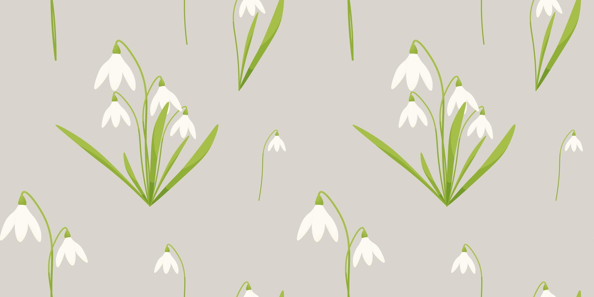 Vector seamless pattern with white snowdrops and green leaves.