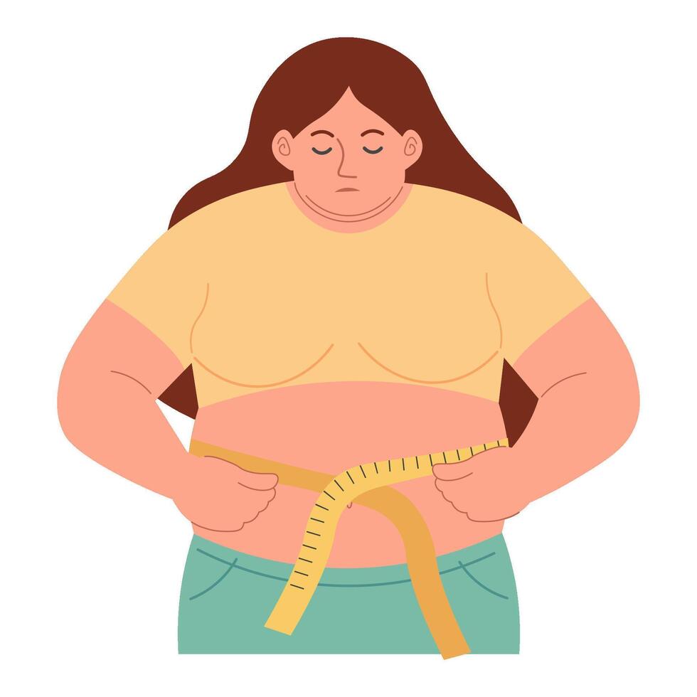 woman measures her body with a tape. concept of overweight, weight loss, poor nutrition. Vector illustration