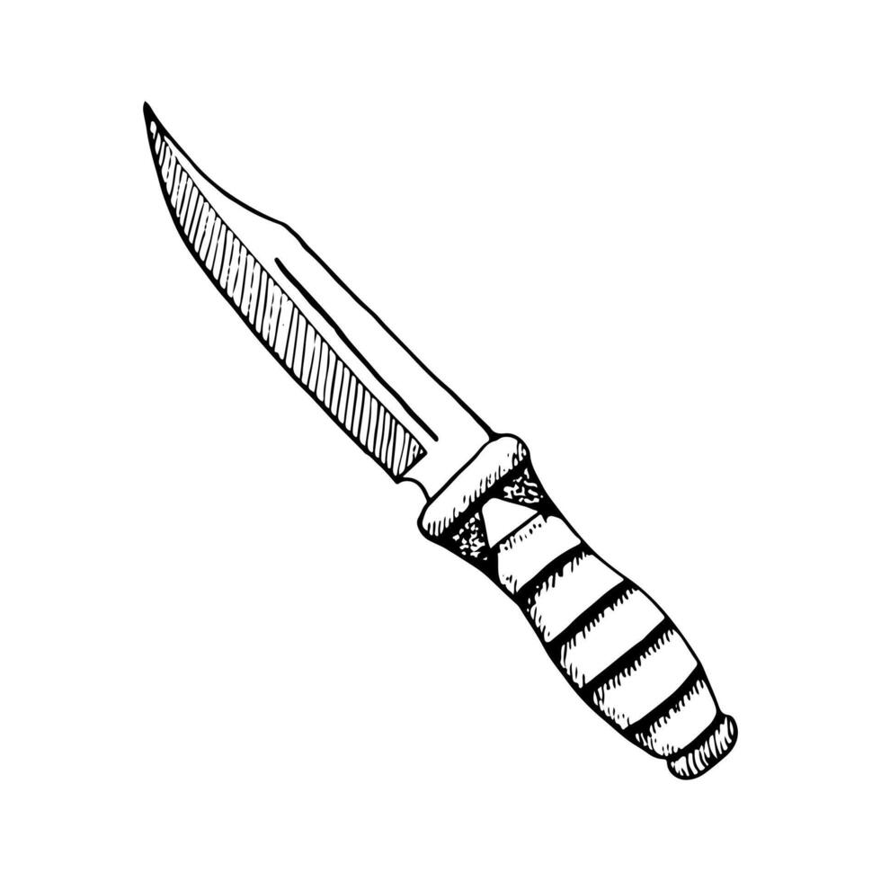 Tactical knife black and white ink illustration for military purposes, hunting and survival equipment. Steel arms vector