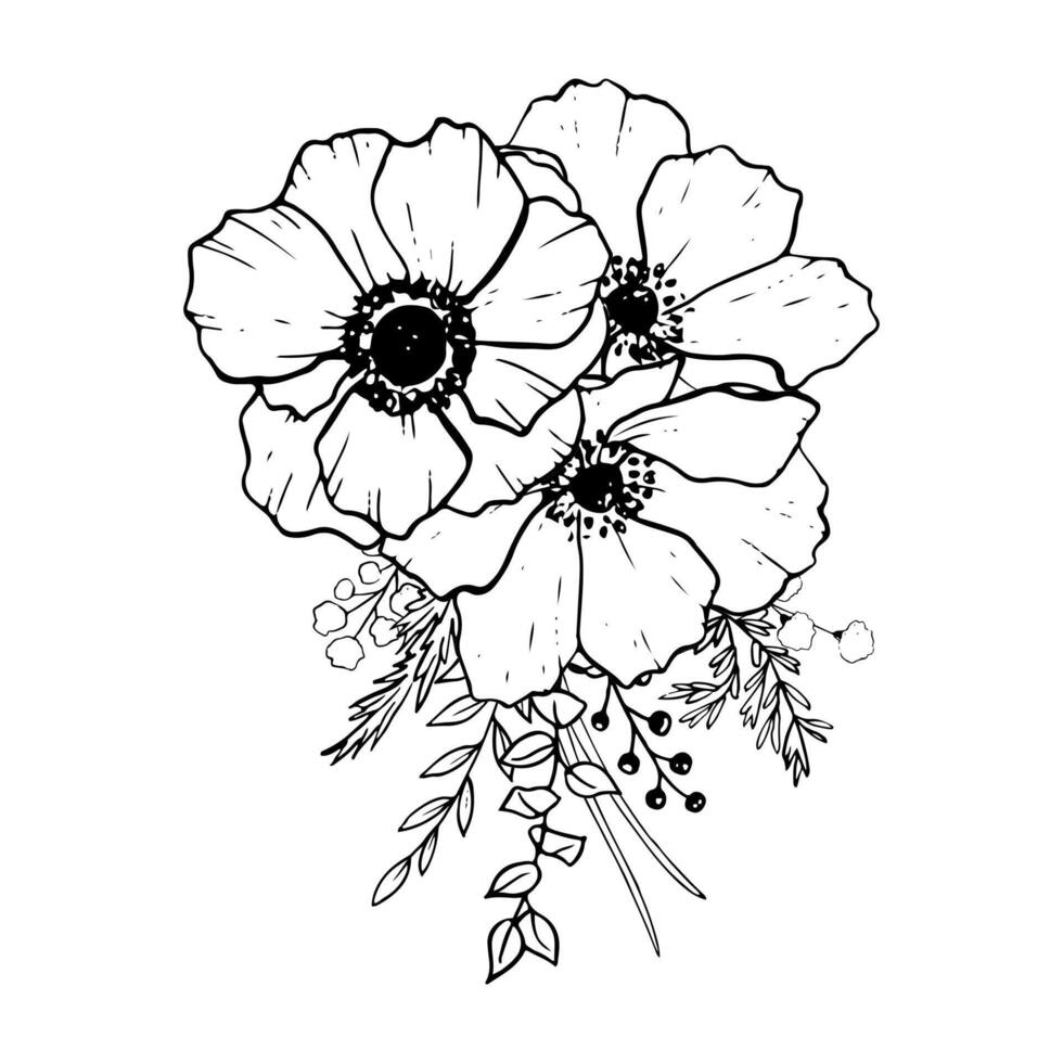 Bouquet of black and white anemones triangle composition with field poppies flowers, eucalyptus and grass vector illustration for greeting cards, spring wedding invitations