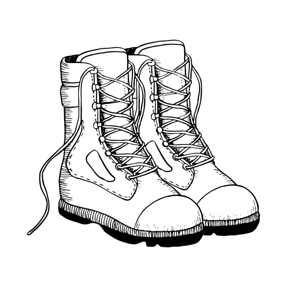 Tactical army boots hand drawn black and white vector illustration for military, combat or camping and hiking designs. Brutal footwear and infantry shoes