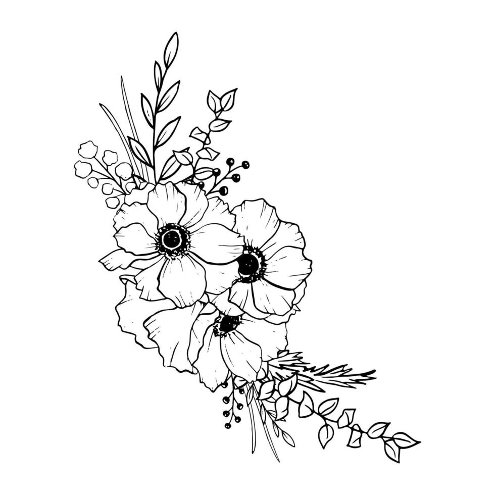 Elegant black and white anemones corner composition with eucalyptus, field flowers and grass vector floral illustration. Poppies for logo design, wedding invitations and prints