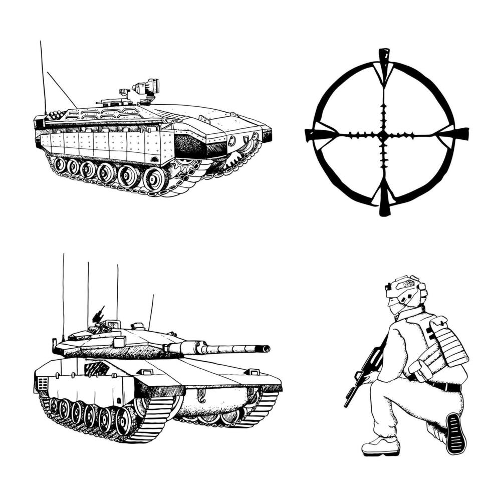 Military set of Merkava tank and personnel carrier Namer with sniper soldier of Israeli Defense Forces and optical sight black and white graphic vector illustration