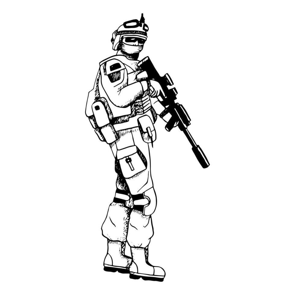 Vector modern Israel or US army soldier in uniform with assault riffle black and white ink illustration for war and peace designs or Veteran Day