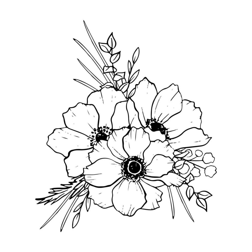 Black and white line anemone flowers bouquet with eucalyptus and grass vector floral illustration. Field poppy for logo design, wedding invitations and prints