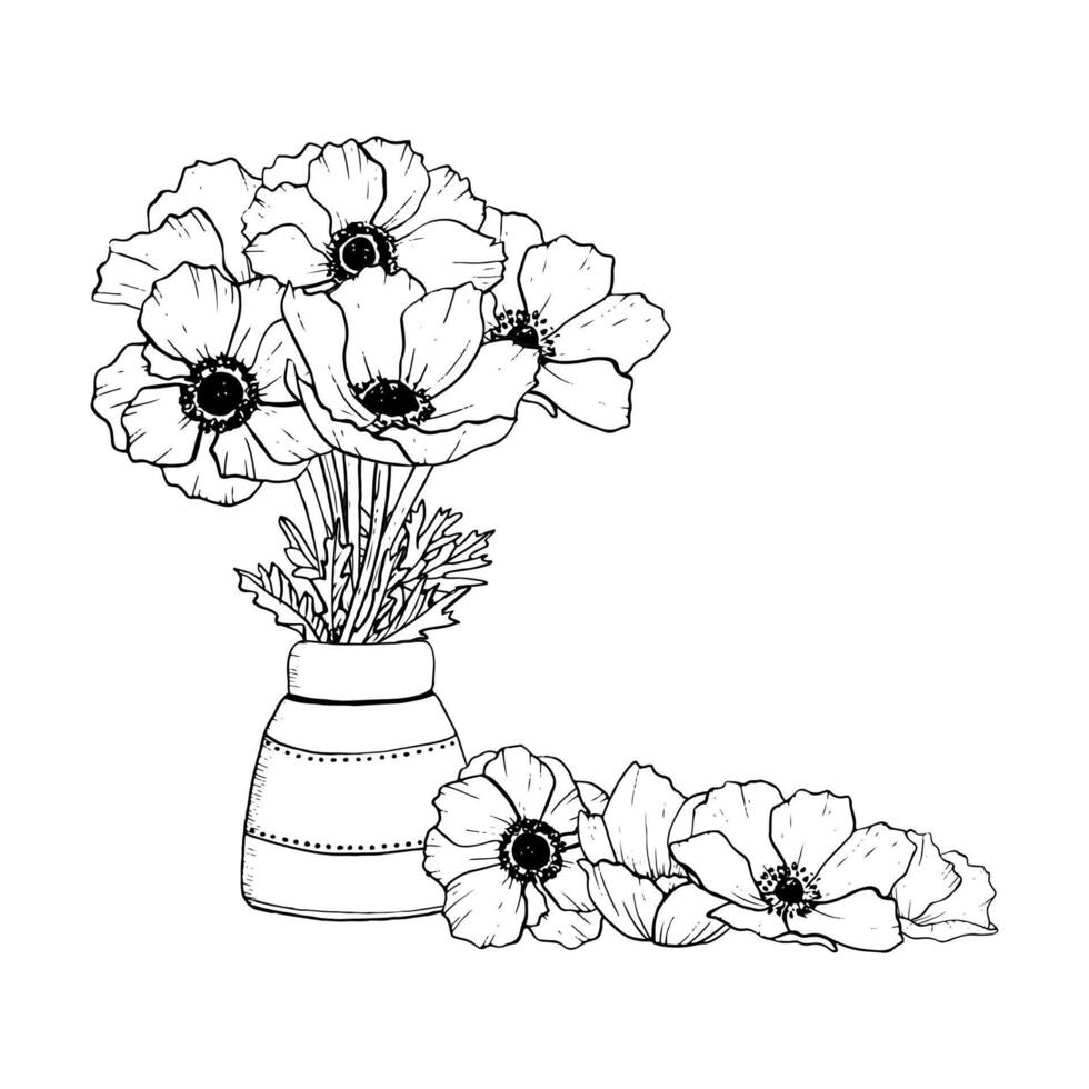 anémonas flores silvestres ramo de flores en cerámico florero y pila de pétalos vector ilustración. floral tinta dibujo para pancartas y colorante paginas