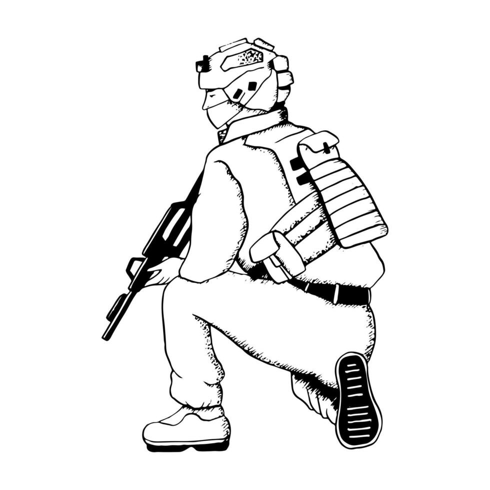 Vector soldier sitting in ambush with riffle illustration in black and white. American or Israeli military man for Veteran and Remembrance Day design