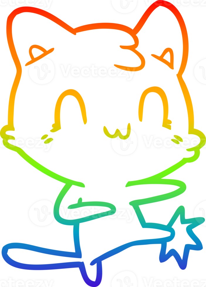 rainbow gradient line drawing of a cartoon happy cat karate kicking png