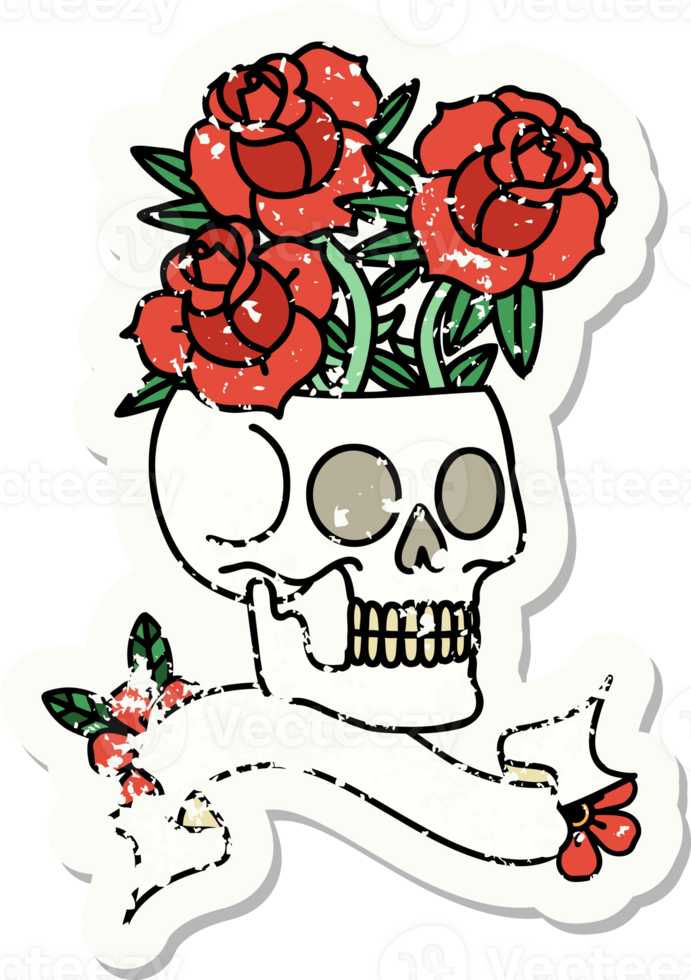 worn old sticker with banner of a skull and roses png