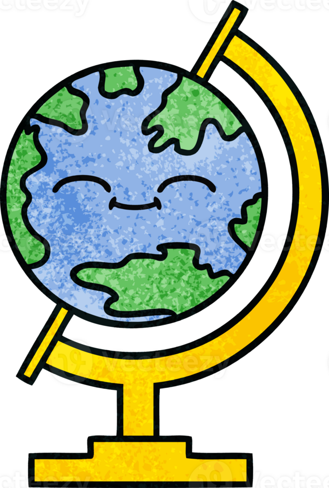 retro grunge texture cartoon of a globe of the world png