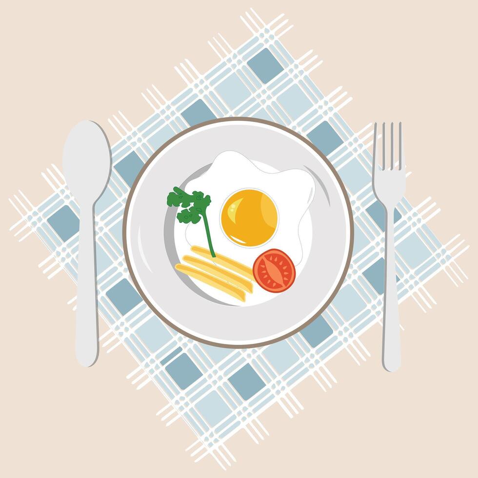 Fried egg on plate from above vector graphics, Various eggs. Different English breakfast, Vector illustration in cartoon style. Fried eggs with bacon and vegetables. EPS10