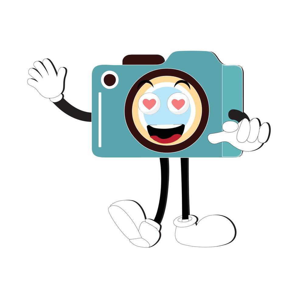 cámara retro mascota personaje dibujos animados, cámara mascota es sonriente y con pulgares arriba. vector mano dibujado ilustración
