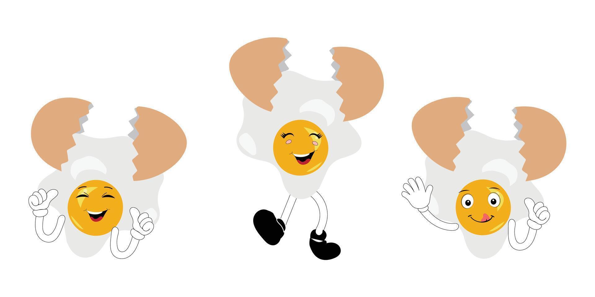 Fried egg with cute face lying cartoon illustration. Chicken egg for breakfast. Happy fried egg character. Easter, cooking, food, emotion concept vector