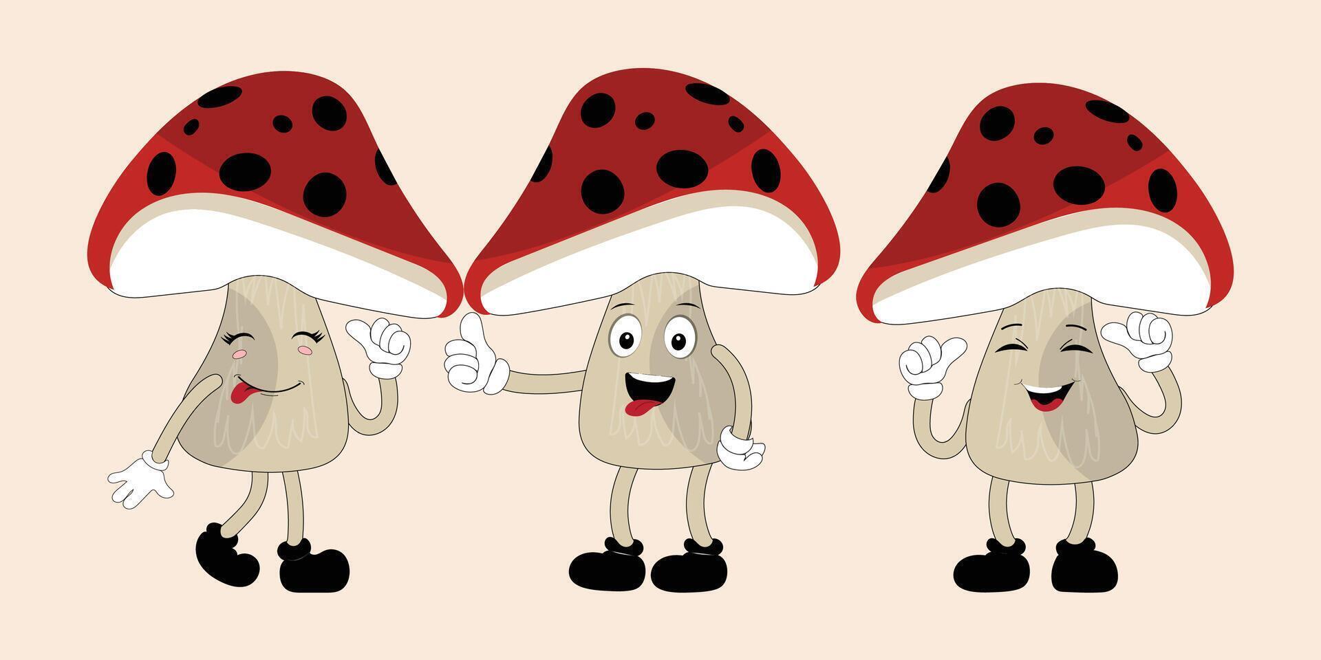 Mushroom character design different expression in vintage style, Kawaii mushroom cartoon mascot character vector illustration. Eps 10