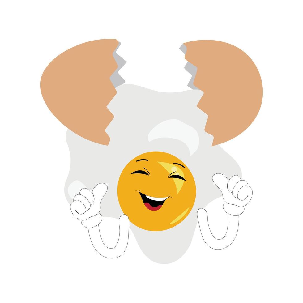 Fried egg with cute face lying cartoon illustration. Chicken egg for breakfast. Happy fried egg character. Easter, cooking, food, emotion concept vector