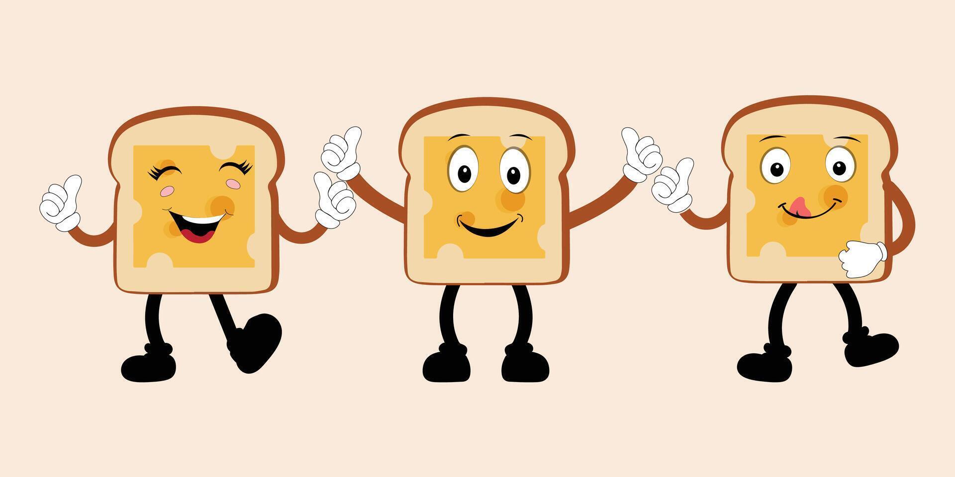 Happy Bread Slice Cartoon Mascot Character, Funny Sandwich Cartoon Vintage Bread Character Retro Style Bread Logo Vector Illustration 60s 70s Bread Retro Style