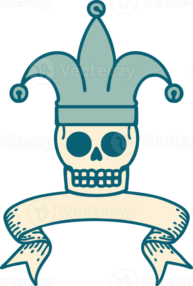 traditional tattoo with banner of a skull jester png