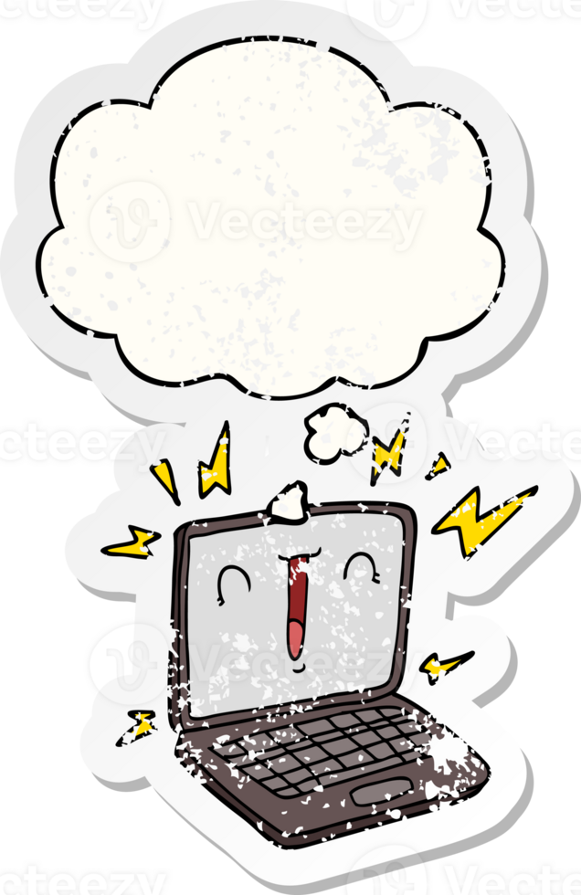 cartoon laptop computer with thought bubble as a distressed worn sticker png