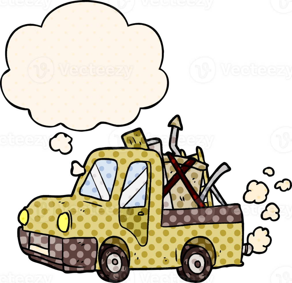 cartoon old truck with thought bubble in comic book style png