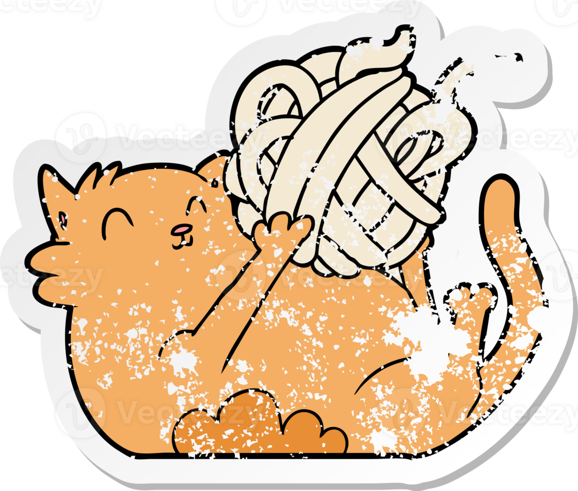 distressed sticker of a cartoon cat playing with ball of string png