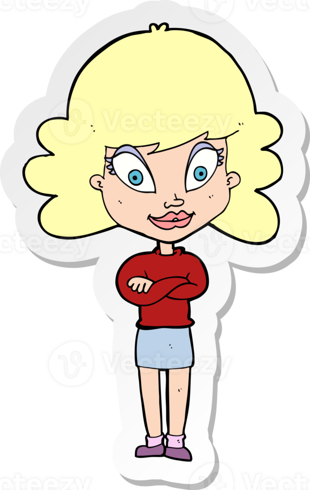 sticker of a cartoon happy woman with folded arms png