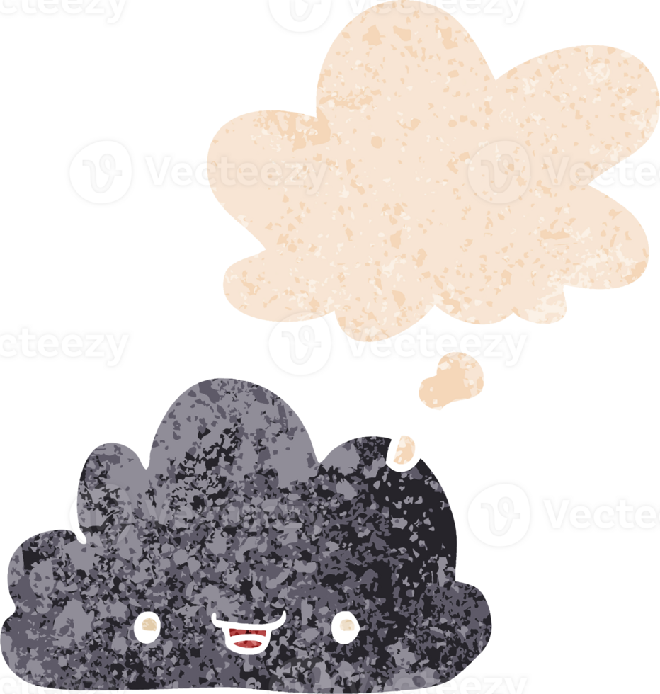 cartoon tiny happy cloud with thought bubble in grunge distressed retro textured style png