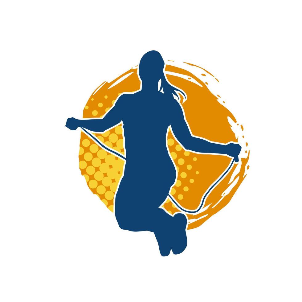 Silhouette of a slim sporty woman doing jump rope workout. vector