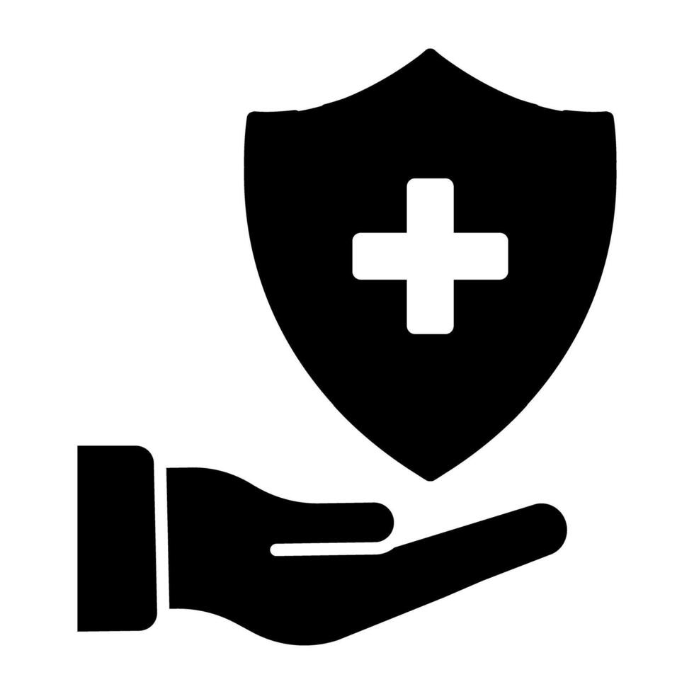 Shield with plus sign on hand showing concept of medical security vector