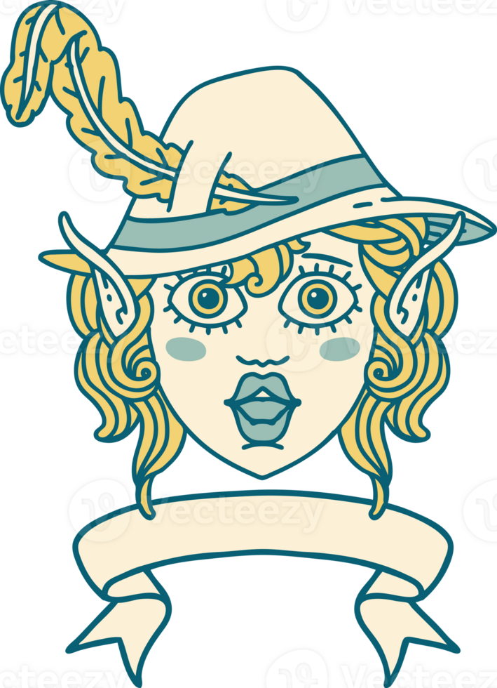 Retro Tattoo Style elf bard character face with banner png