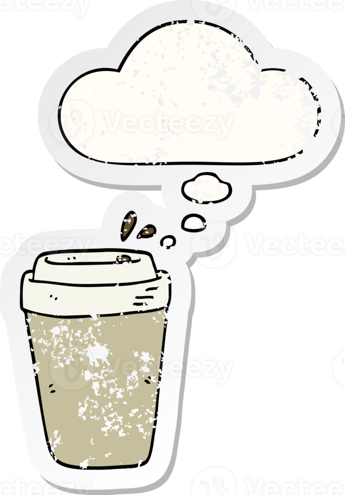 cartoon coffee cup with thought bubble as a distressed worn sticker png