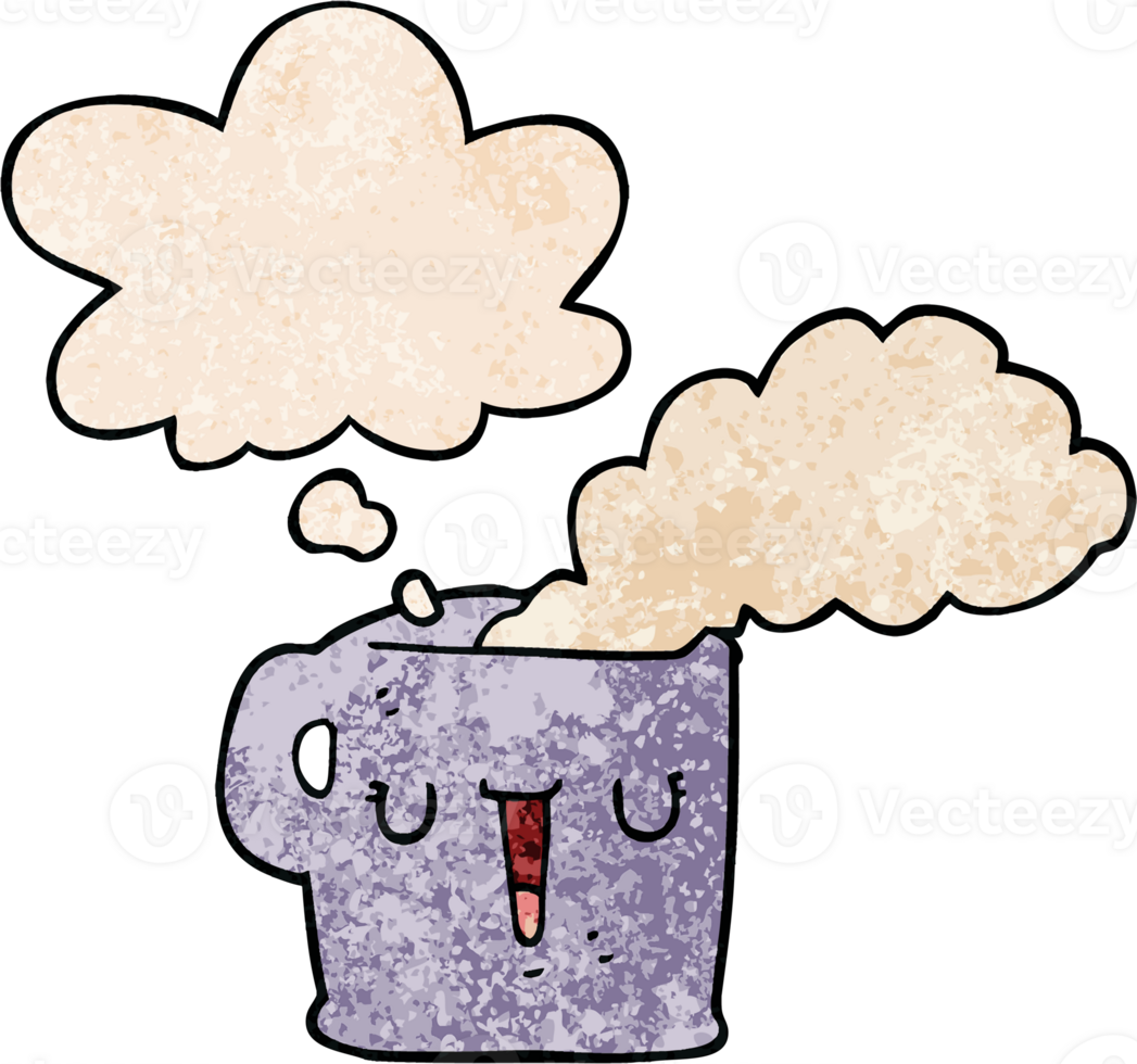 cartoon hot cup of coffee with thought bubble in grunge texture style png